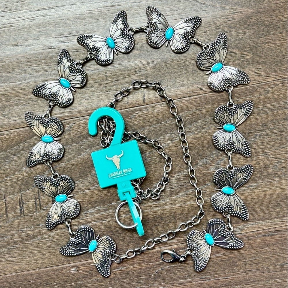American Bison Silvertone chain belt, butterflies w/faux turquoise stones,trendy